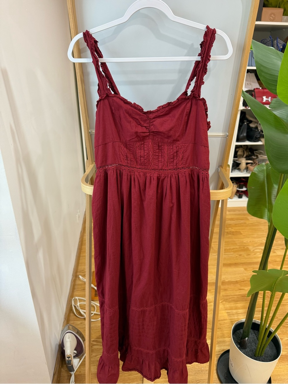 American Eagle Outfitters Ruffled Burgundy Midi Dress
